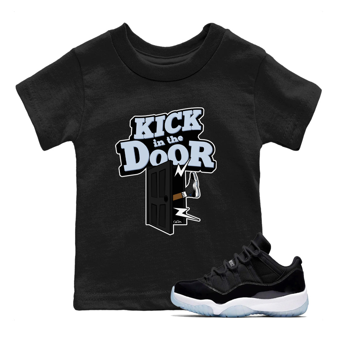 11s Black and Varsity Royal shirt to match jordans Kick In The Door sneaker tees Air Jordan 11 Black/Varsity Royal SNRT Sneaker Release Tees Baby Toddler Black 1 T-Shirt