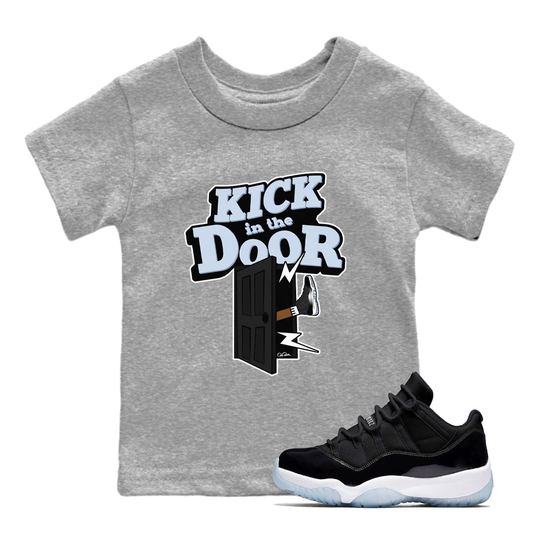 11s Black and Varsity Royal shirt to match jordans Kick In The Door sneaker tees Air Jordan 11 Black/Varsity Royal SNRT Sneaker Release Tees Baby Toddler Heather Grey 1 T-Shirt