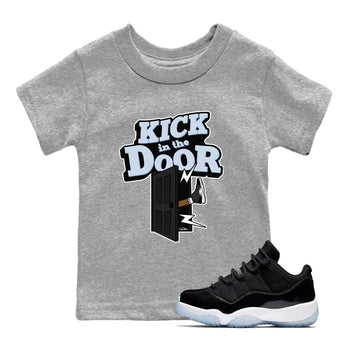 11s Black and Varsity Royal shirt to match jordans Kick In The Door sneaker tees Air Jordan 11 Black/Varsity Royal SNRT Sneaker Release Tees Baby Toddler Heather Grey 1 T-Shirt