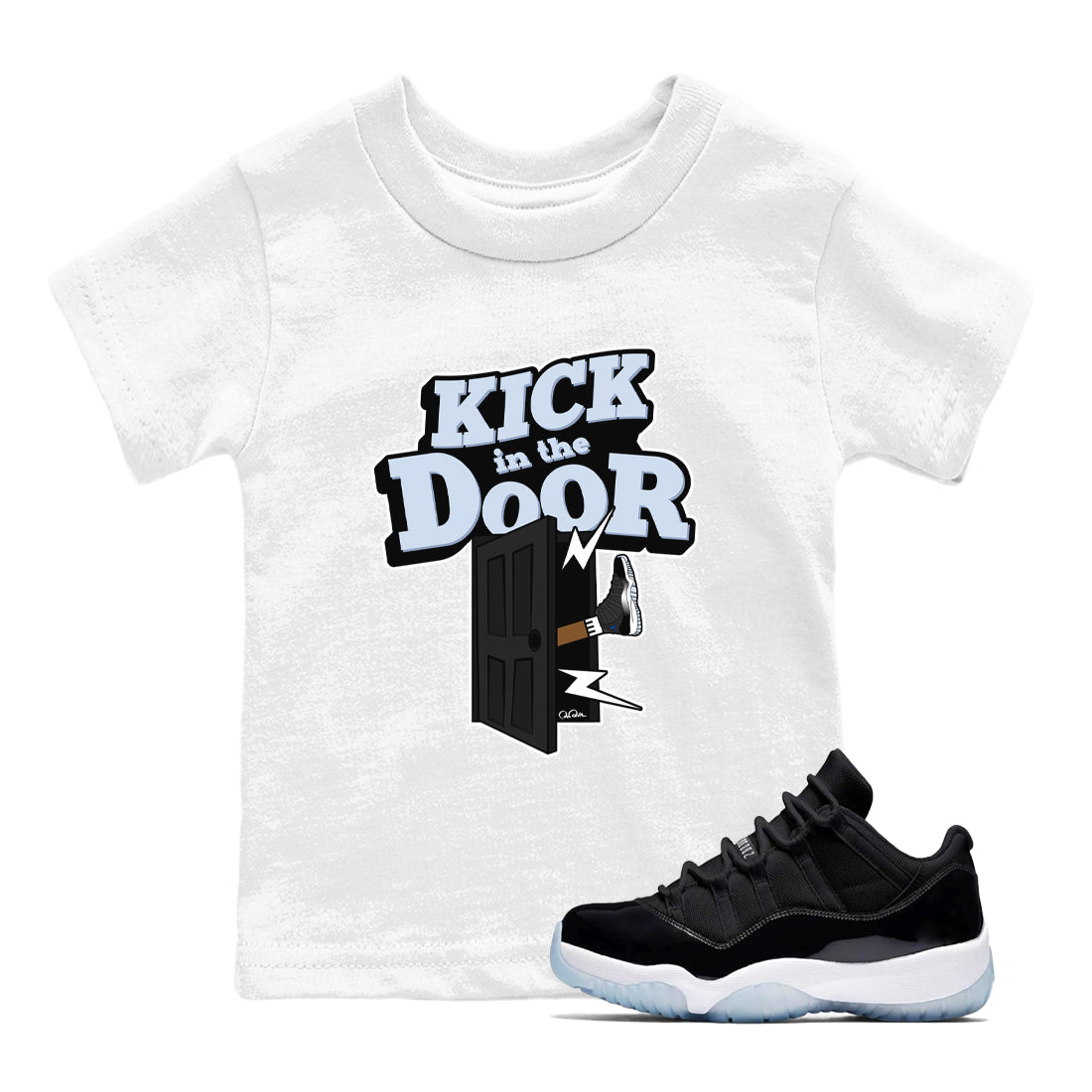 11s Black and Varsity Royal shirt to match jordans Kick In The Door sneaker tees Air Jordan 11 Black/Varsity Royal SNRT Sneaker Release Tees Baby Toddler White 1 T-Shirt