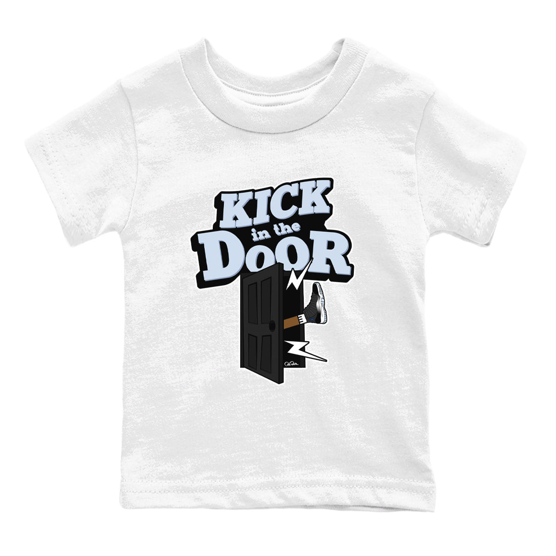 11s Black and Varsity Royal shirt to match jordans Kick In The Door sneaker tees Air Jordan 11 Black/Varsity Royal SNRT Sneaker Release Tees Baby Toddler White 2 T-Shirt