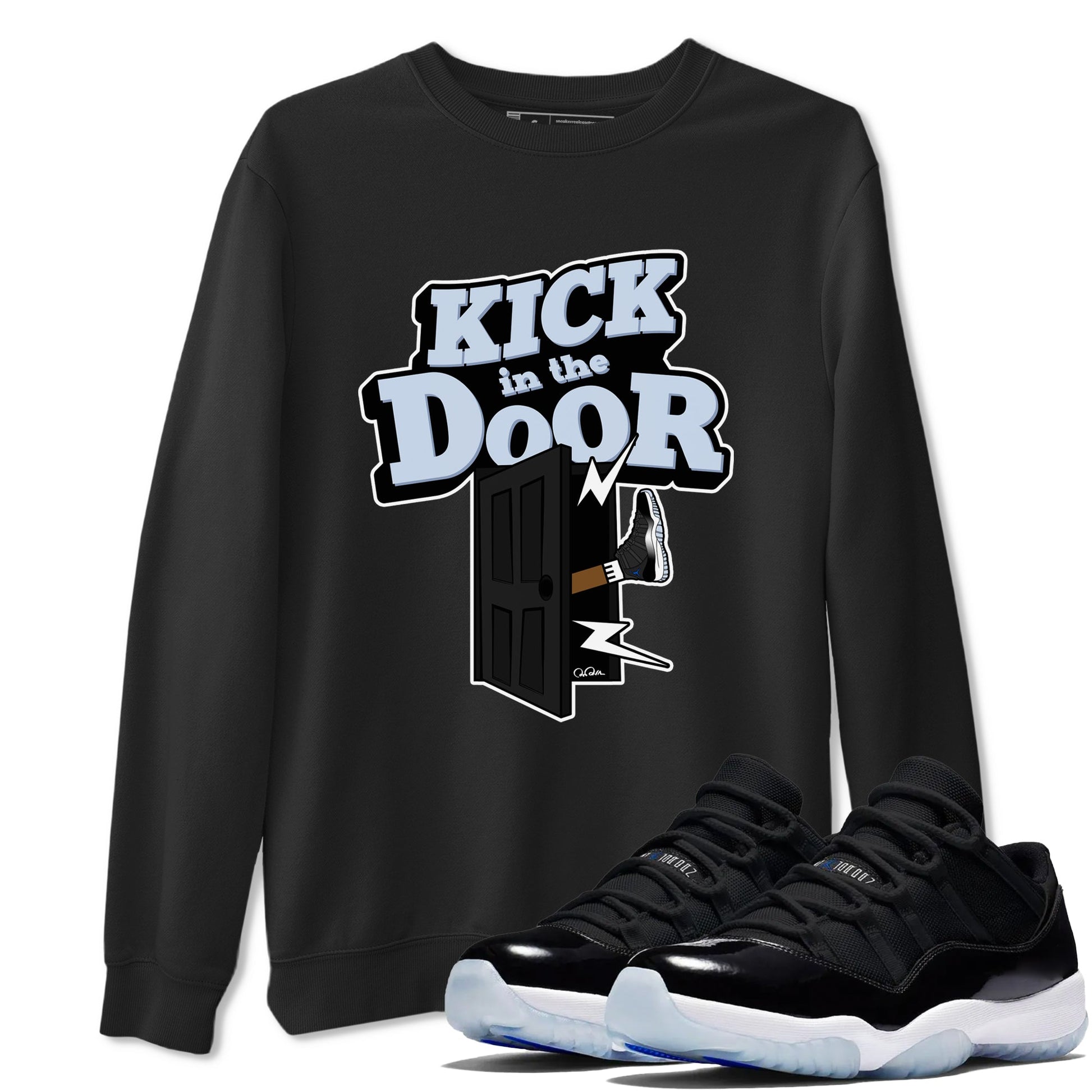 11s Black and Varsity Royal shirt to match jordans Kick In The Door sneaker tees Air Jordan 11 Black/Varsity Royal SNRT Sneaker Release Tees Unisex Black 1 T-Shirt