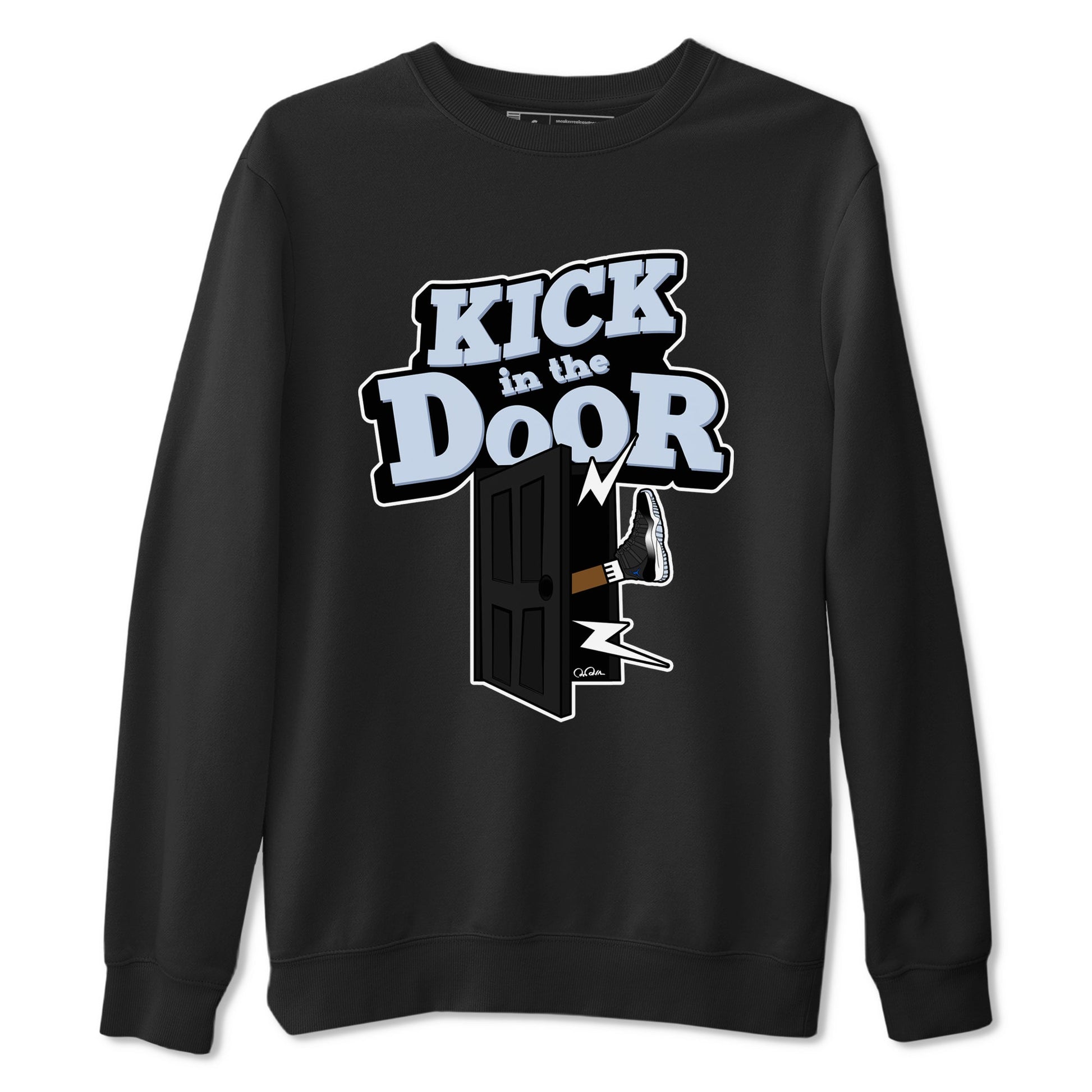 11s Black and Varsity Royal shirt to match jordans Kick In The Door sneaker tees Air Jordan 11 Black/Varsity Royal SNRT Sneaker Release Tees Unisex Black 2 T-Shirt