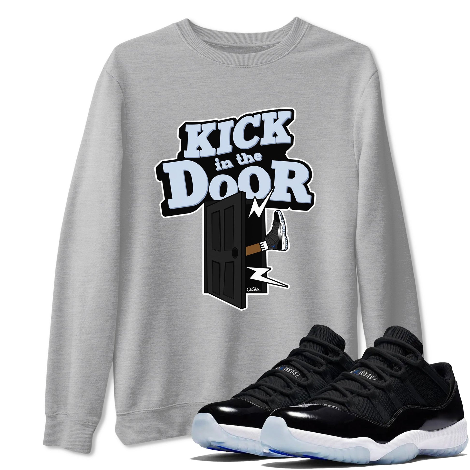 11s Black and Varsity Royal shirt to match jordans Kick In The Door sneaker tees Air Jordan 11 Black/Varsity Royal SNRT Sneaker Release Tees Unisex Heather Grey 1 T-Shirt