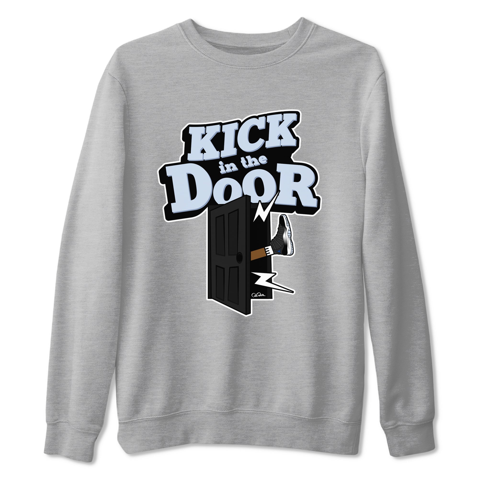 11s Black and Varsity Royal shirt to match jordans Kick In The Door sneaker tees Air Jordan 11 Black/Varsity Royal SNRT Sneaker Release Tees Unisex Heather Grey 2 T-Shirt