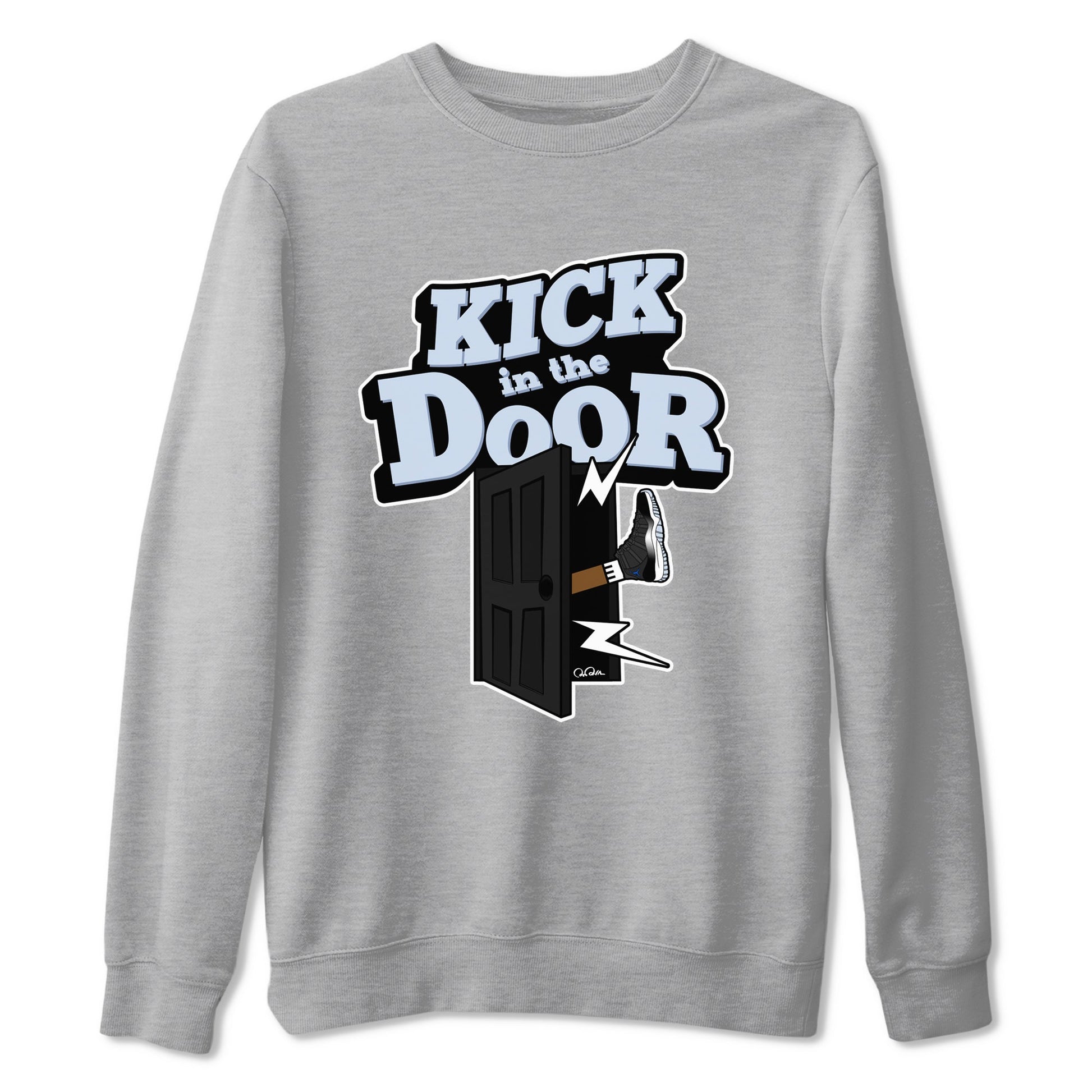 11s Black and Varsity Royal shirt to match jordans Kick In The Door sneaker tees Air Jordan 11 Black/Varsity Royal SNRT Sneaker Release Tees Unisex Heather Grey 2 T-Shirt