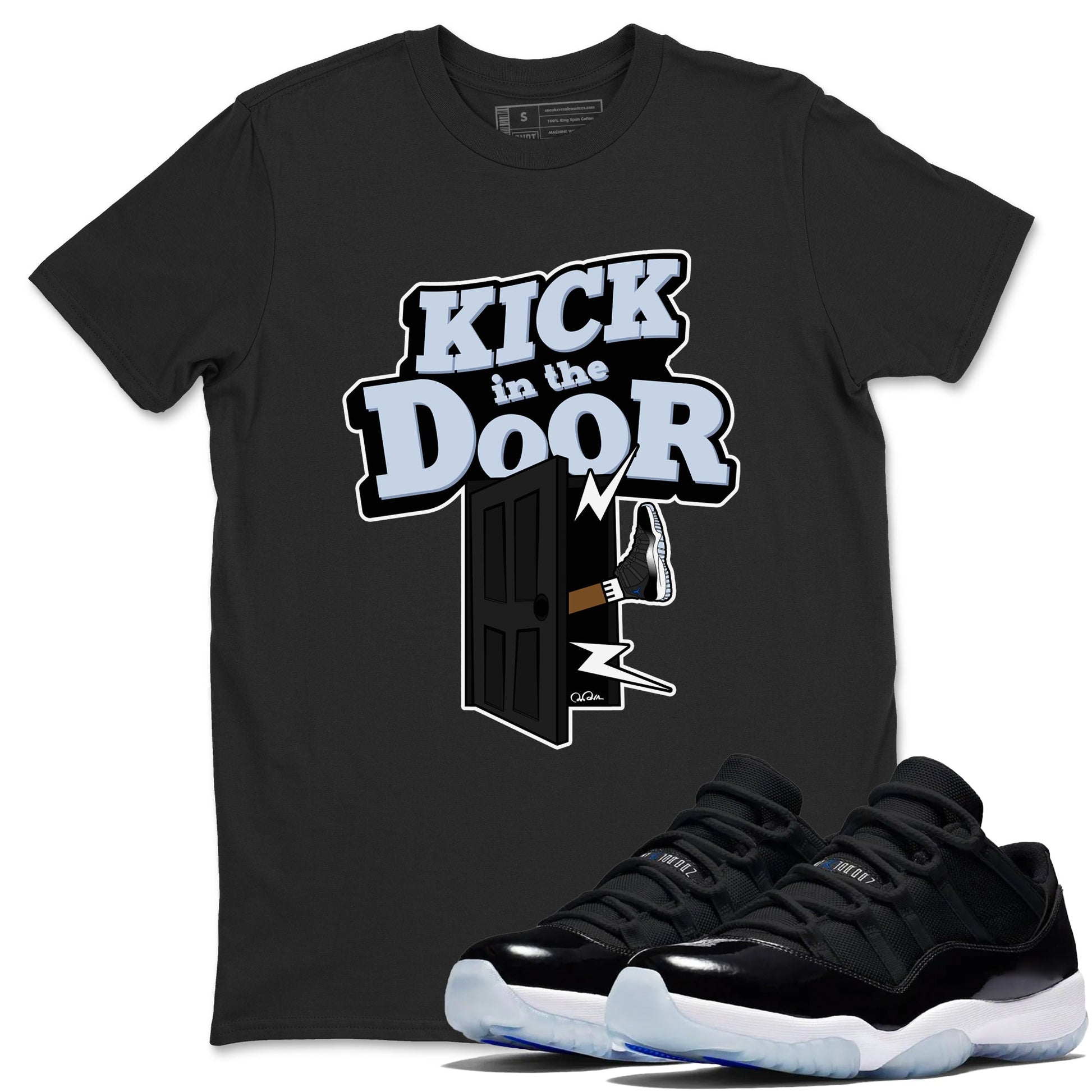 11s Black and Varsity Royal shirt to match jordans Kick In The Door sneaker tees Air Jordan 11 Black/Varsity Royal SNRT Sneaker Release Tees Unisex Black 1 T-Shirt