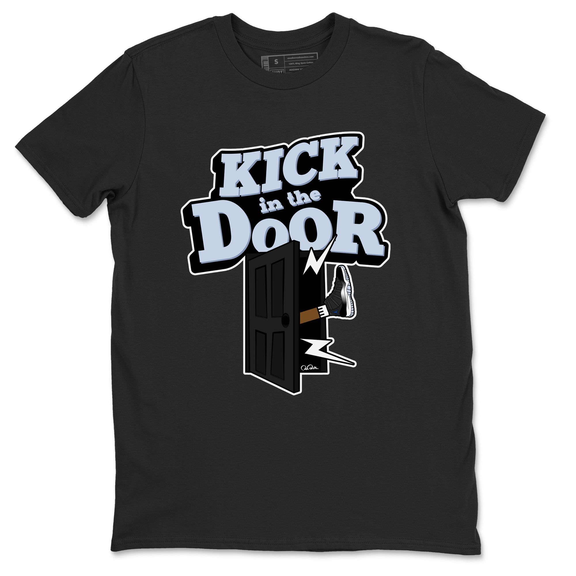 11s Black and Varsity Royal shirt to match jordans Kick In The Door sneaker tees Air Jordan 11 Black/Varsity Royal SNRT Sneaker Release Tees Unisex Black 2 T-Shirt