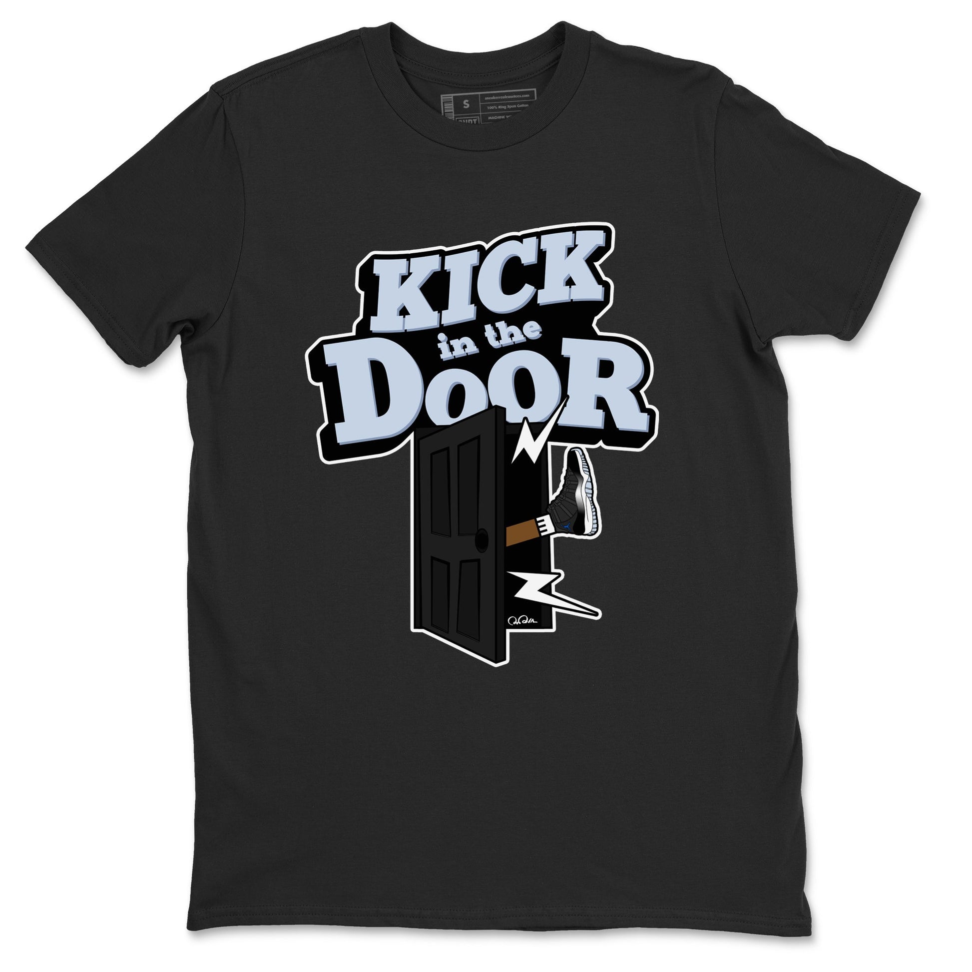 11s Black and Varsity Royal shirt to match jordans Kick In The Door sneaker tees Air Jordan 11 Black/Varsity Royal SNRT Sneaker Release Tees Unisex Black 2 T-Shirt
