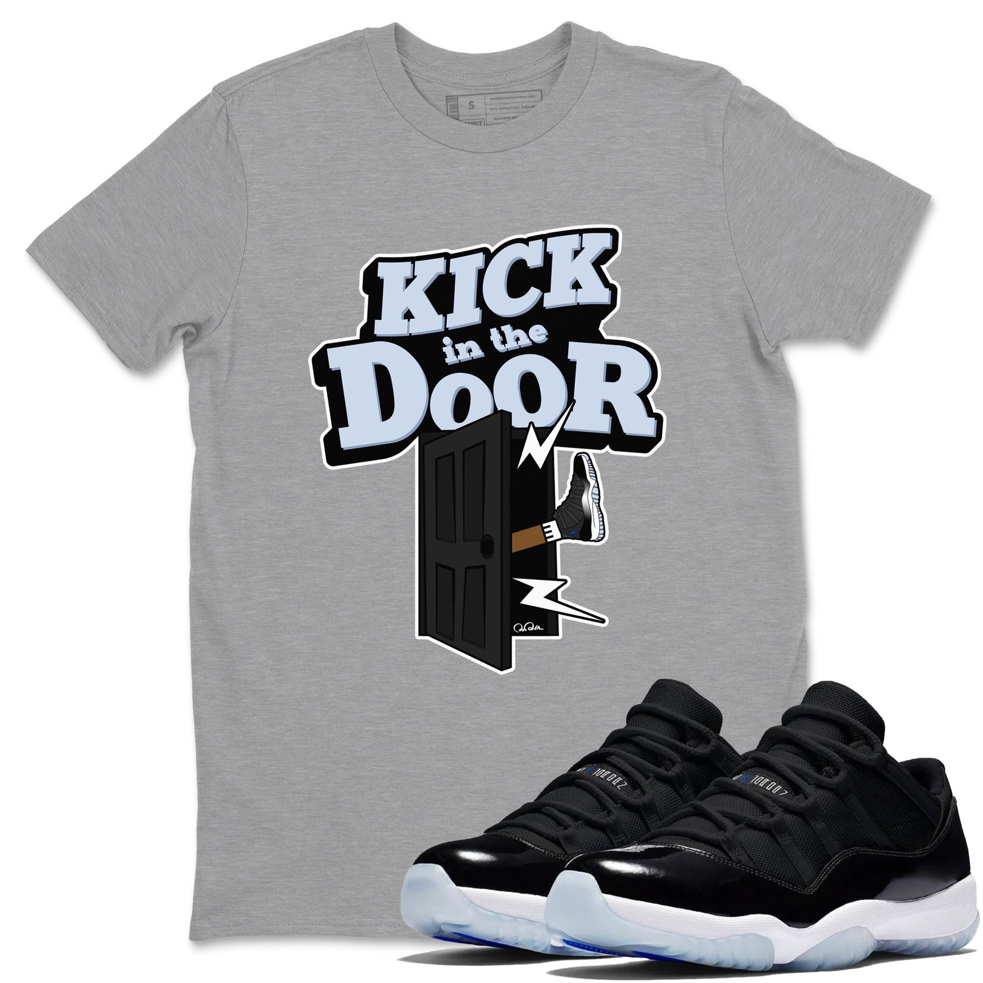 11s Black and Varsity Royal shirt to match jordans Kick In The Door sneaker tees Air Jordan 11 Black/Varsity Royal SNRT Sneaker Release Tees Unisex Heather Grey 1 T-Shirt