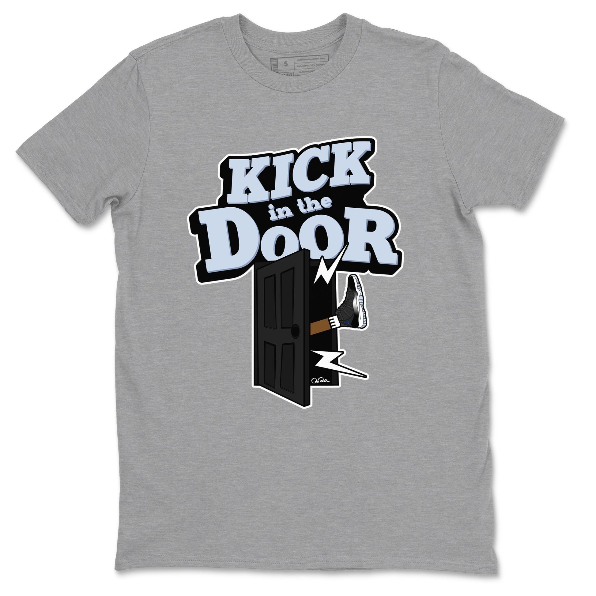 11s Black and Varsity Royal shirt to match jordans Kick In The Door sneaker tees Air Jordan 11 Black/Varsity Royal SNRT Sneaker Release Tees Unisex Heather Grey 2 T-Shirt