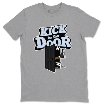 11s Black and Varsity Royal shirt to match jordans Kick In The Door sneaker tees Air Jordan 11 Black/Varsity Royal SNRT Sneaker Release Tees Unisex Heather Grey 2 T-Shirt