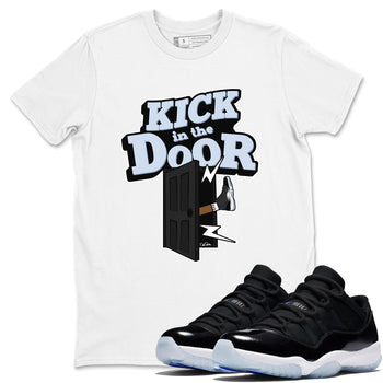 11s Black and Varsity Royal shirt to match jordans Kick In The Door sneaker tees Air Jordan 11 Black/Varsity Royal SNRT Sneaker Release Tees Unisex White 1 T-Shirt