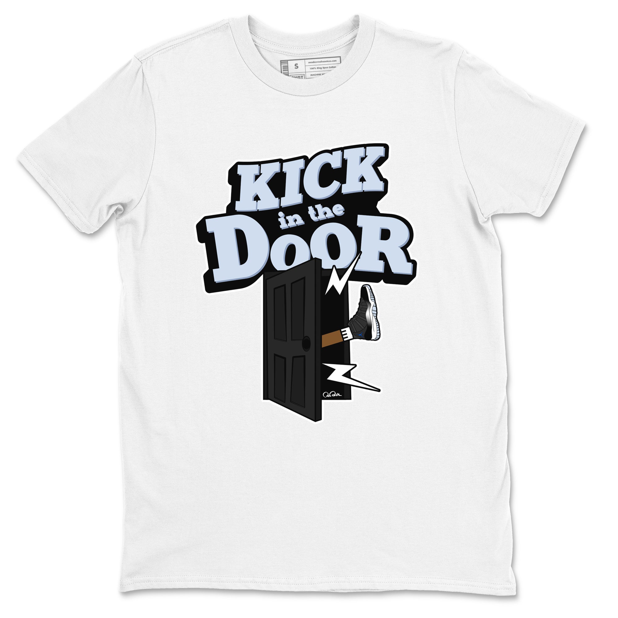11s Black and Varsity Royal shirt to match jordans Kick In The Door sneaker tees Air Jordan 11 Black/Varsity Royal SNRT Sneaker Release Tees Unisex White 2 T-Shirt