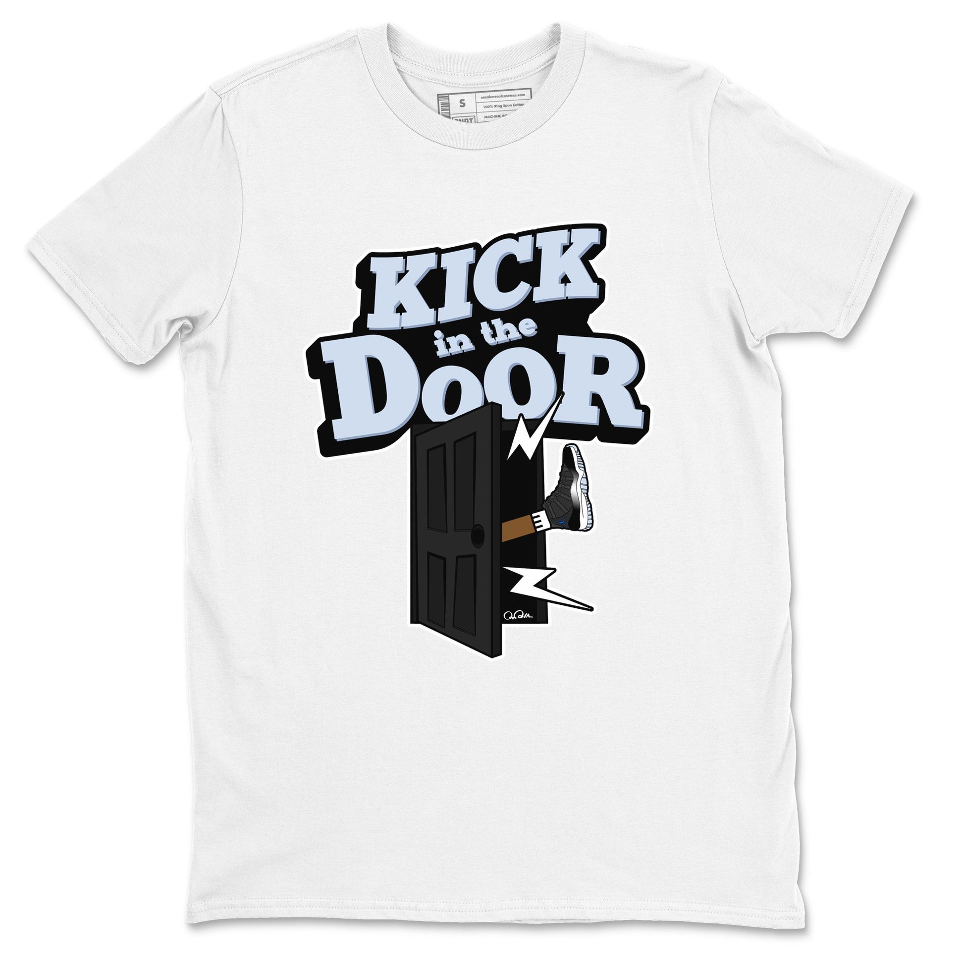 11s Black and Varsity Royal shirt to match jordans Kick In The Door sneaker tees Air Jordan 11 Black/Varsity Royal SNRT Sneaker Release Tees Unisex White 2 T-Shirt