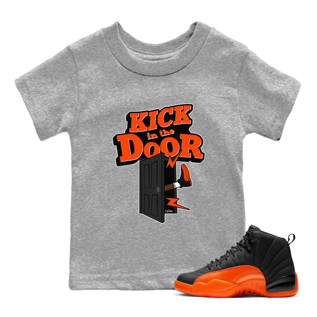Air Jordan 12 Brilliant Orange Sneaker Match Tees Kick In The Door Sneaker Tees AJ12 Brilliant Orange Sneaker Release Tees Kids Shirts Heather Grey 1
