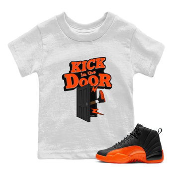 Air Jordan 12 Brilliant Orange Sneaker Match Tees Kick In The Door Sneaker Tees AJ12 Brilliant Orange Sneaker Release Tees Kids Shirts White 1