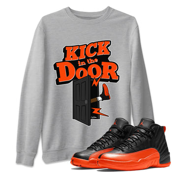 Air Jordan 12 Brilliant Orange Sneaker Match Tees Kick In The Door Sneaker Tees AJ12 Brilliant Orange Sneaker Release Tees Unisex Shirts Heather Grey 1