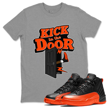 Air Jordan 12 Brilliant Orange Sneaker Match Tees Kick In The Door Sneaker Tees AJ12 Brilliant Orange Sneaker Release Tees Unisex Shirts Heather Grey 1