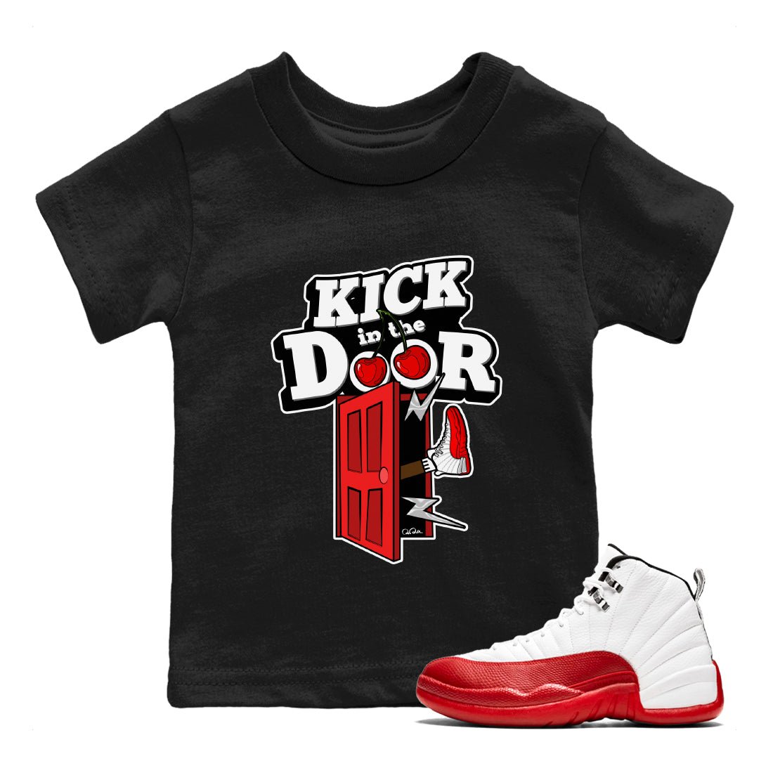 Air Jordan 12 Cherry Sneaker Match Tees Kick In The Door Sneaker Tees AJ12 Cherry Sneaker Release Tees Kids Shirts Black 1