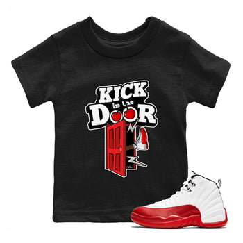 Air Jordan 12 Cherry Sneaker Match Tees Kick In The Door Sneaker Tees AJ12 Cherry Sneaker Release Tees Kids Shirts Black 1