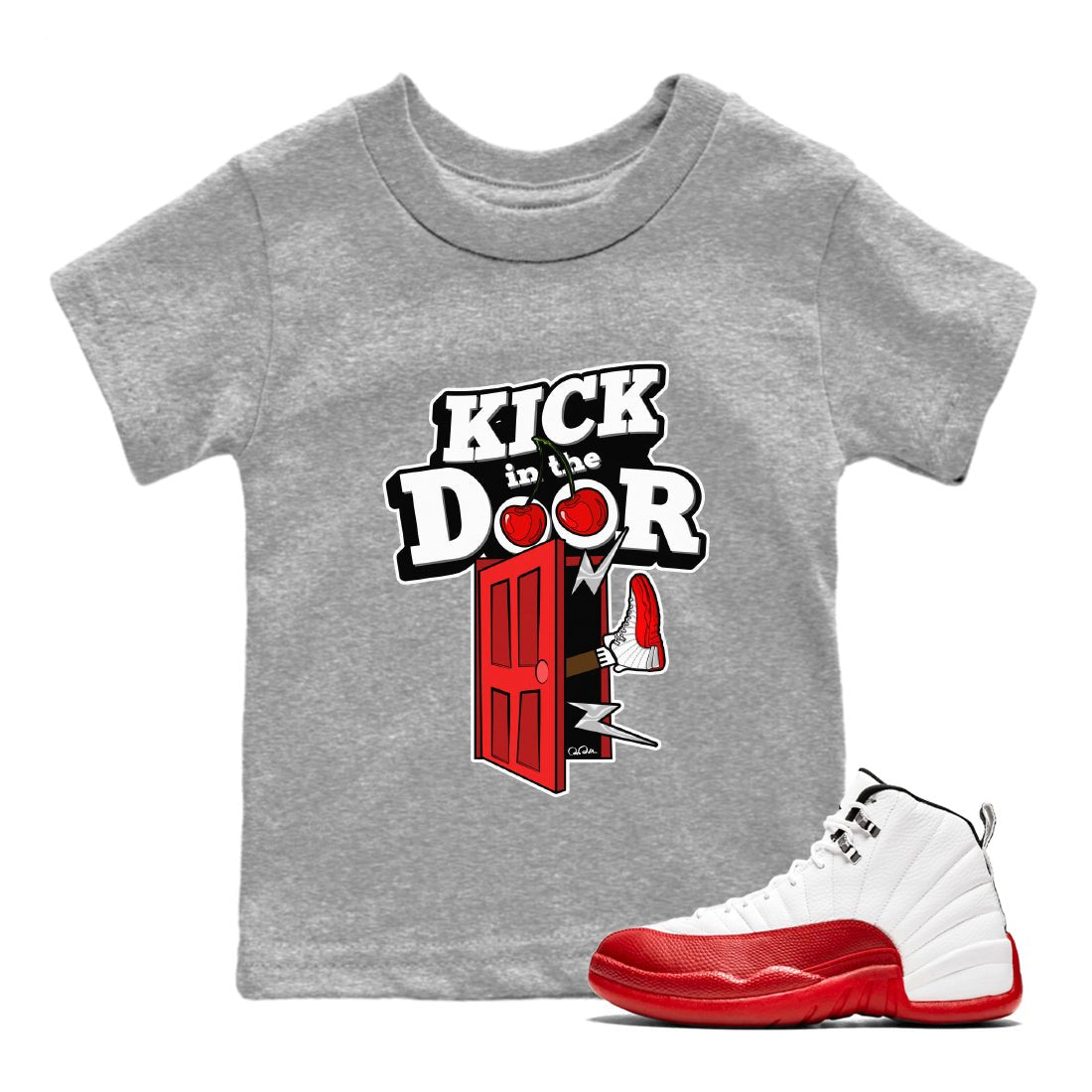 Air Jordan 12 Cherry Sneaker Match Tees Kick In The Door Sneaker Tees AJ12 Cherry Sneaker Release Tees Kids Shirts Heather Grey 1