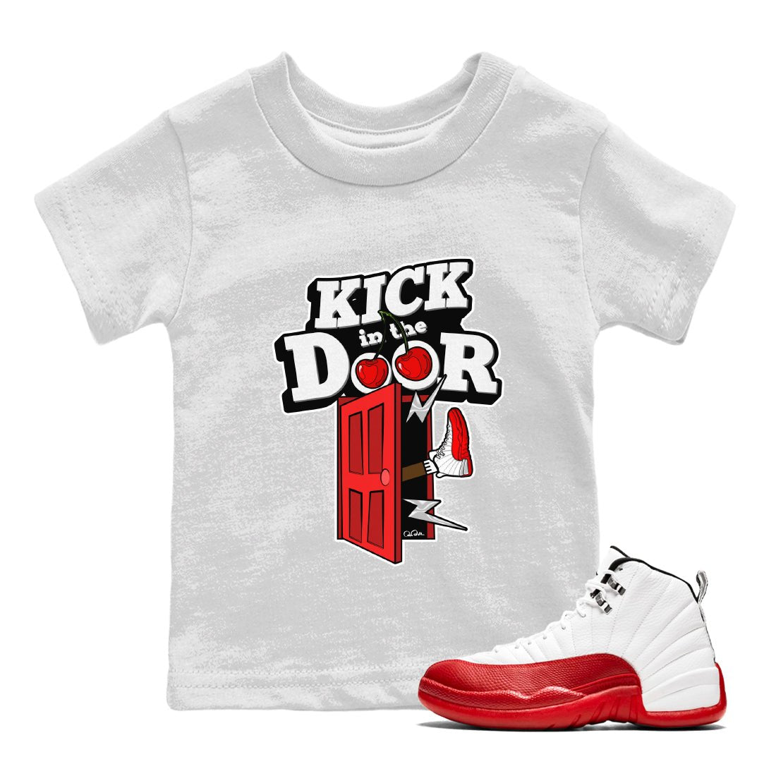 Air Jordan 12 Cherry Sneaker Match Tees Kick In The Door Sneaker Tees AJ12 Cherry Sneaker Release Tees Kids Shirts White 1