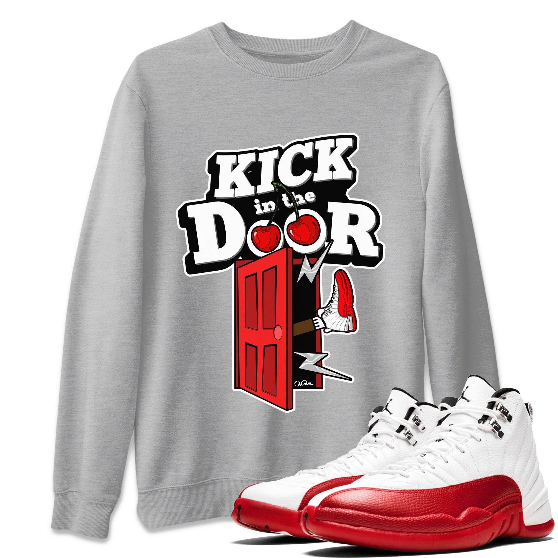 Air Jordan 12 Cherry Sneaker Match Tees Kick In The Door Sneaker Tees AJ12 Cherry Sneaker Release Tees Unisex Shirts Heather Grey 1