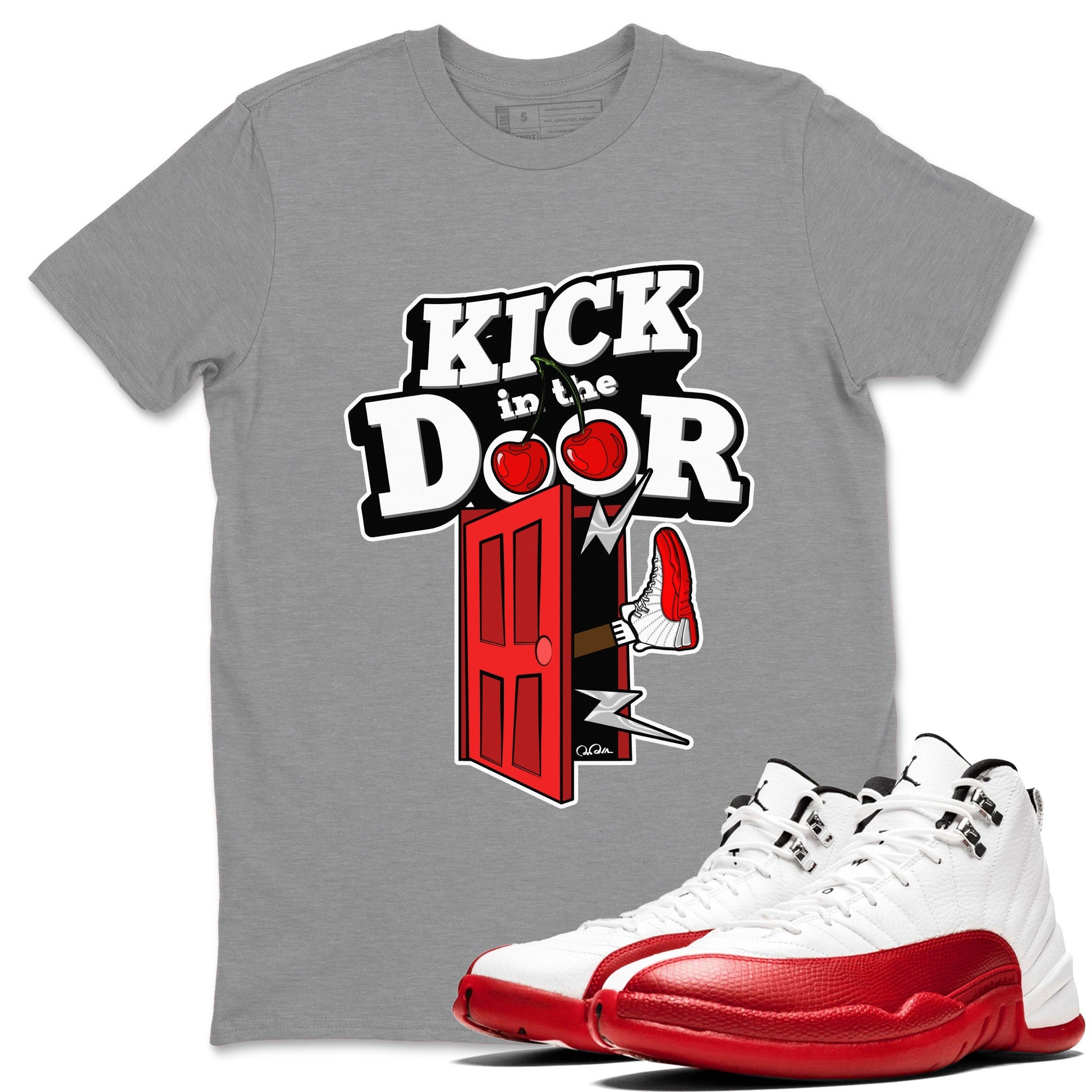 Air Jordan 12 Cherry Sneaker Match Tees Kick In The Door Sneaker Tees AJ12 Cherry Sneaker Release Tees Unisex Shirts Heather Grey 1