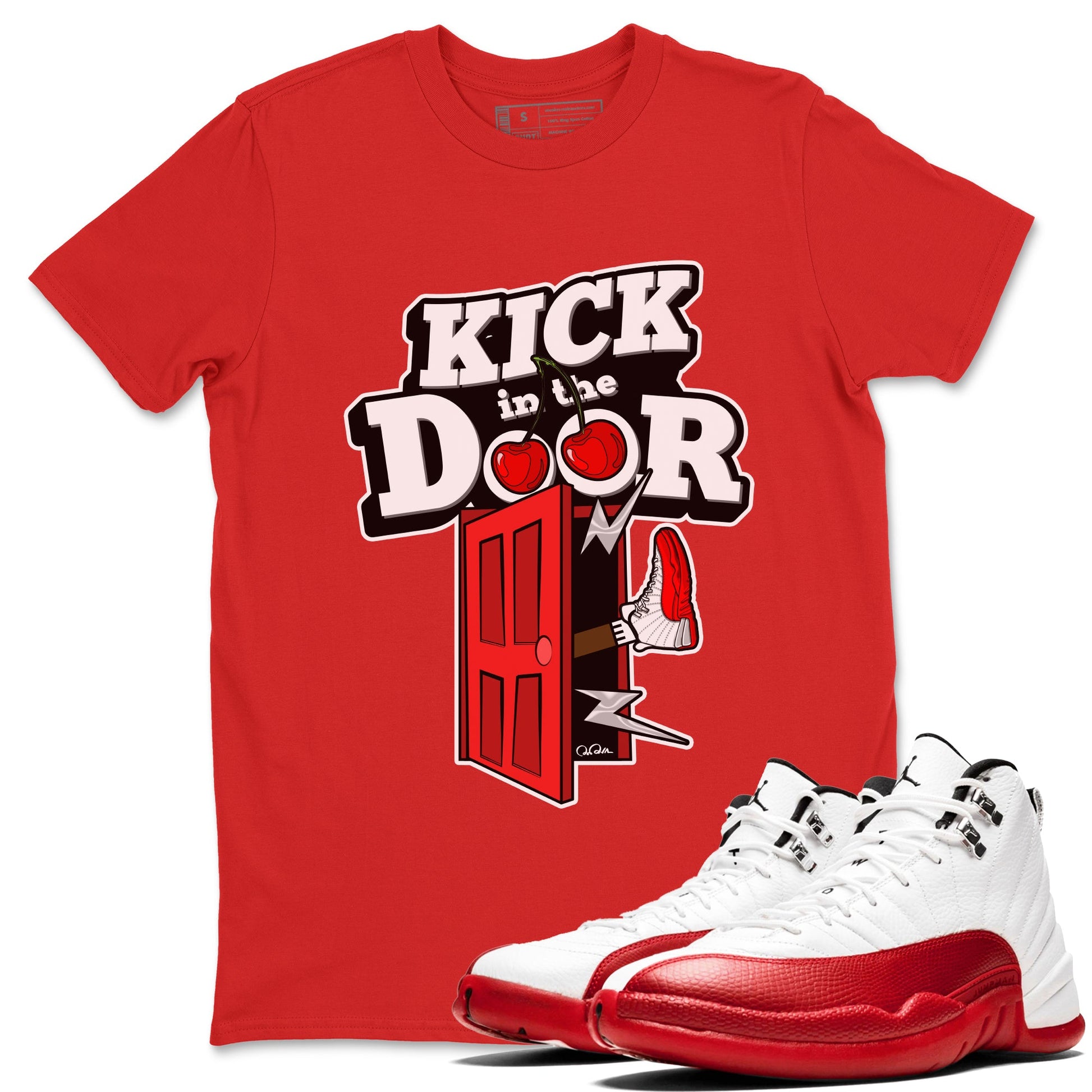 Air Jordan 12 Cherry Sneaker Match Tees Kick In The Door Sneaker Tees AJ12 Cherry Sneaker Release Tees Unisex Shirts Red 1