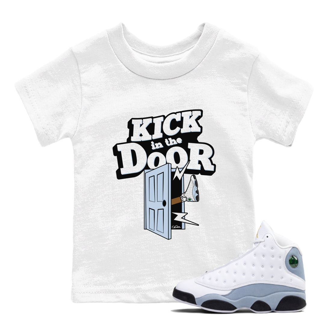 Air Jordan 13 Blue Grey shirt to match jordans Kick In The Door sneaker tees AJ13 Blue Grey SNRT sneaker release tees baby toddler White 1 cotton Shirt