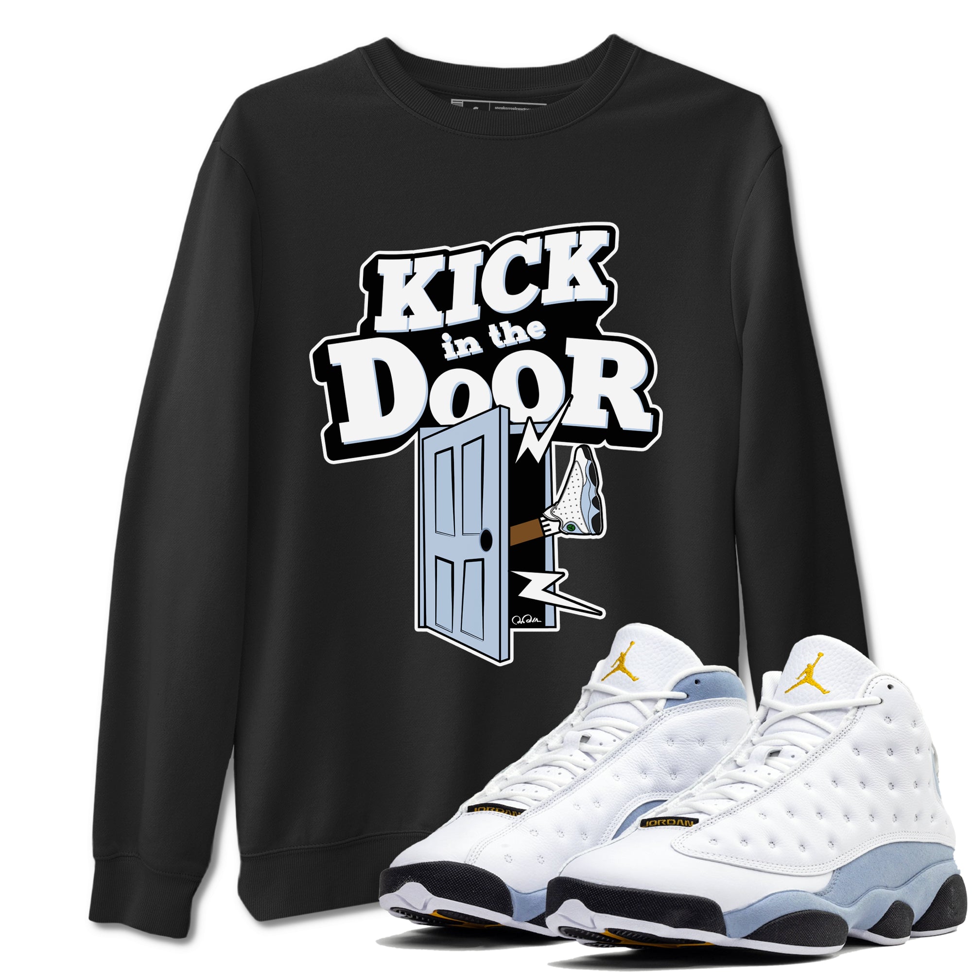 Air Jordan 13 Blue Grey shirt to match jordans Kick In The Door sneaker tees AJ13 Blue Grey SNRT Sneaker Release Tees unisex cotton Black 1 crew neck shirt
