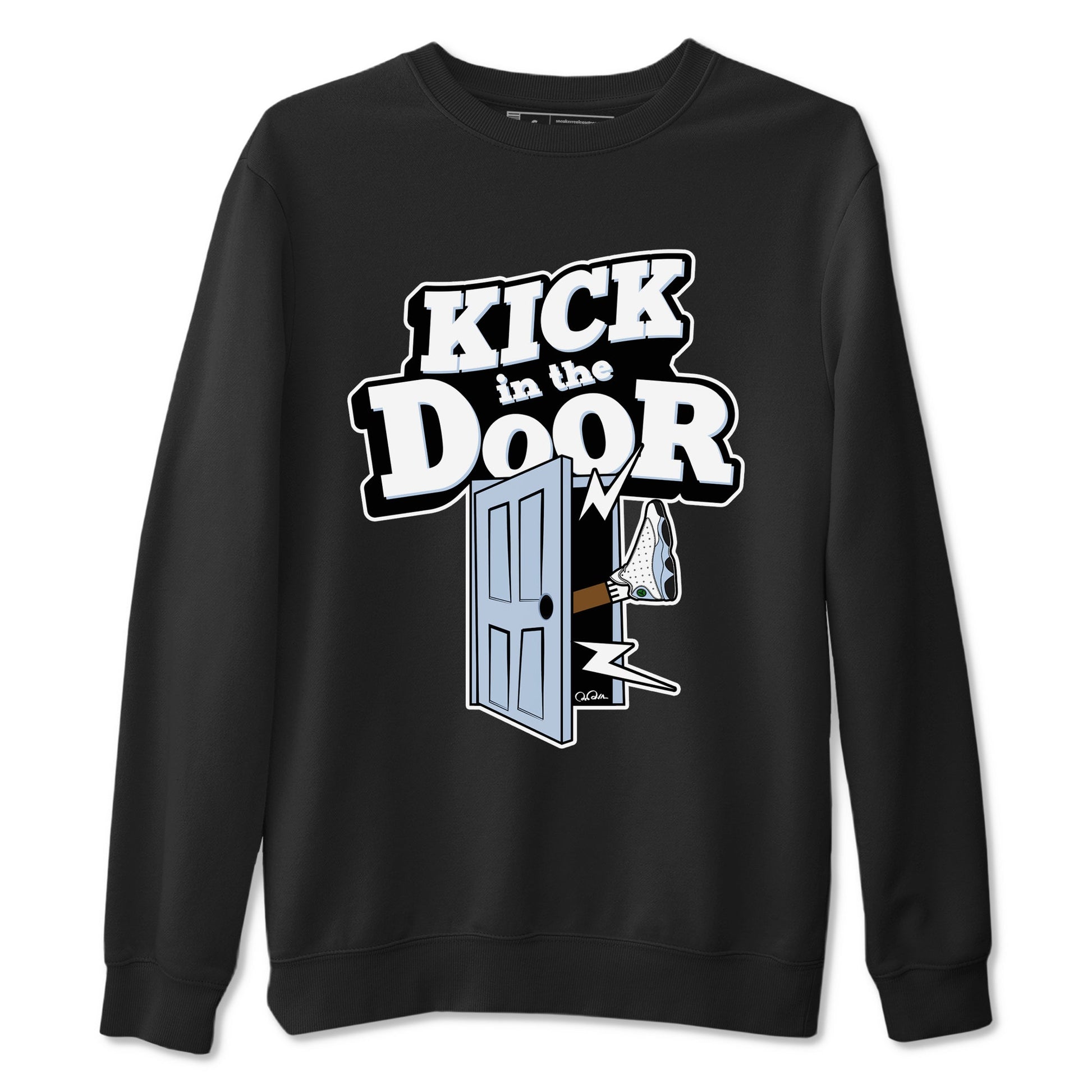 Air Jordan 13 Blue Grey shirt to match jordans Kick In The Door sneaker tees AJ13 Blue Grey SNRT Sneaker Release Tees unisex cotton Black 2 crew neck shirt
