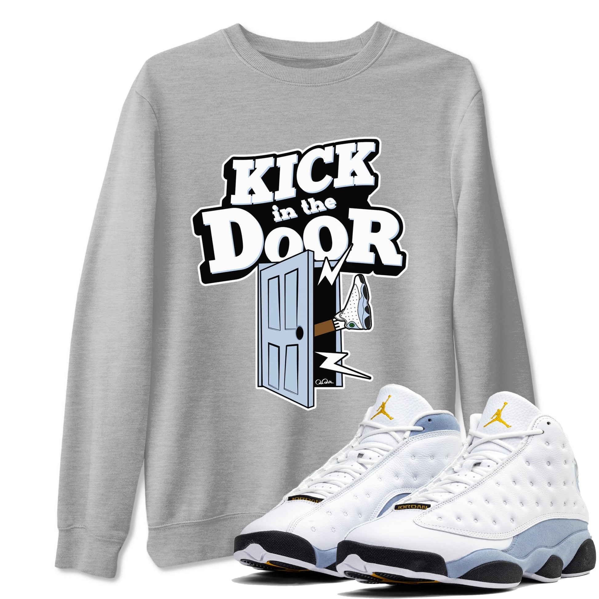 Air Jordan 13 Blue Grey shirt to match jordans Kick In The Door sneaker tees AJ13 Blue Grey SNRT Sneaker Release Tees unisex cotton Heather Grey 1 crew neck shirt