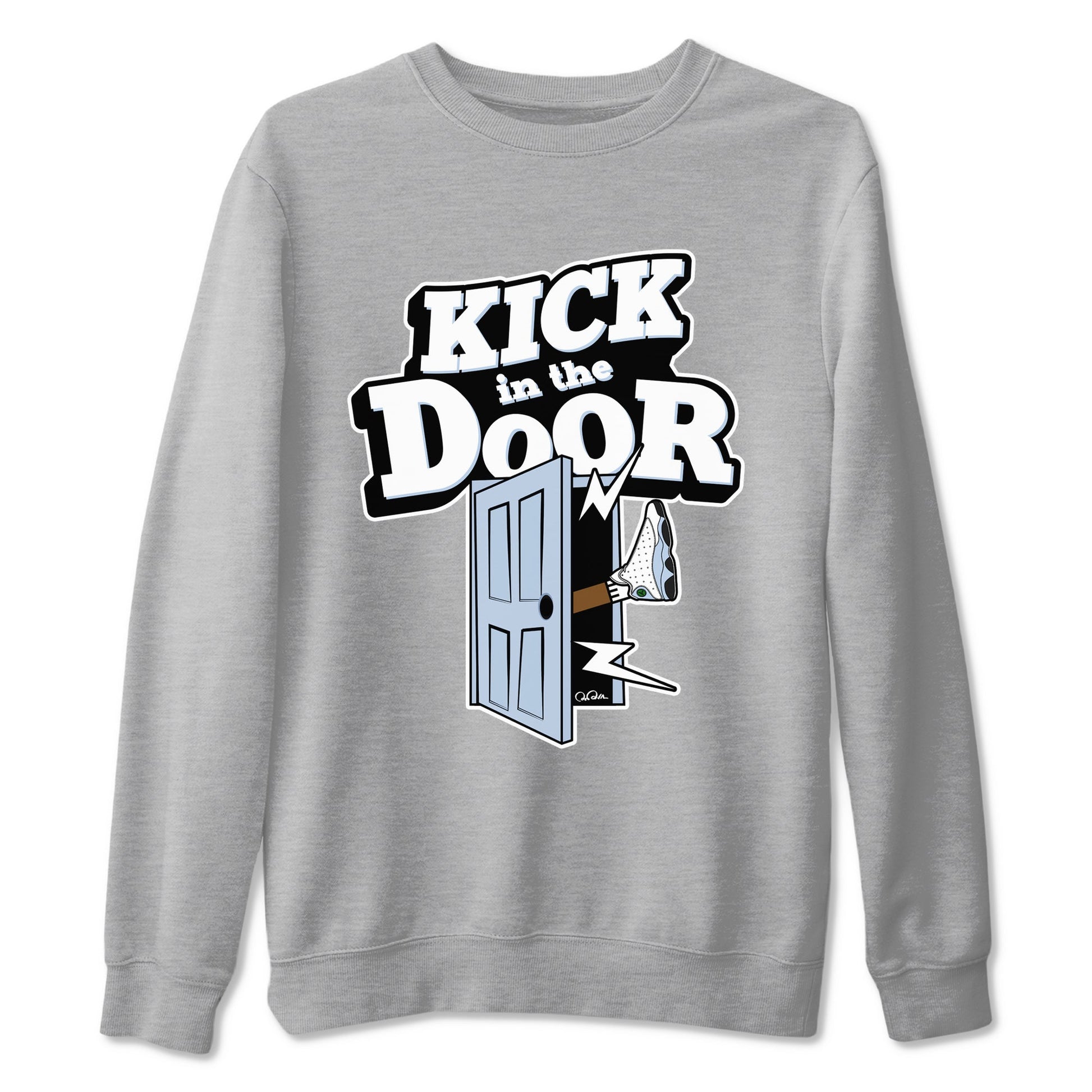 Air Jordan 13 Blue Grey shirt to match jordans Kick In The Door sneaker tees AJ13 Blue Grey SNRT Sneaker Release Tees unisex cotton Heather Grey 2 crew neck shirt
