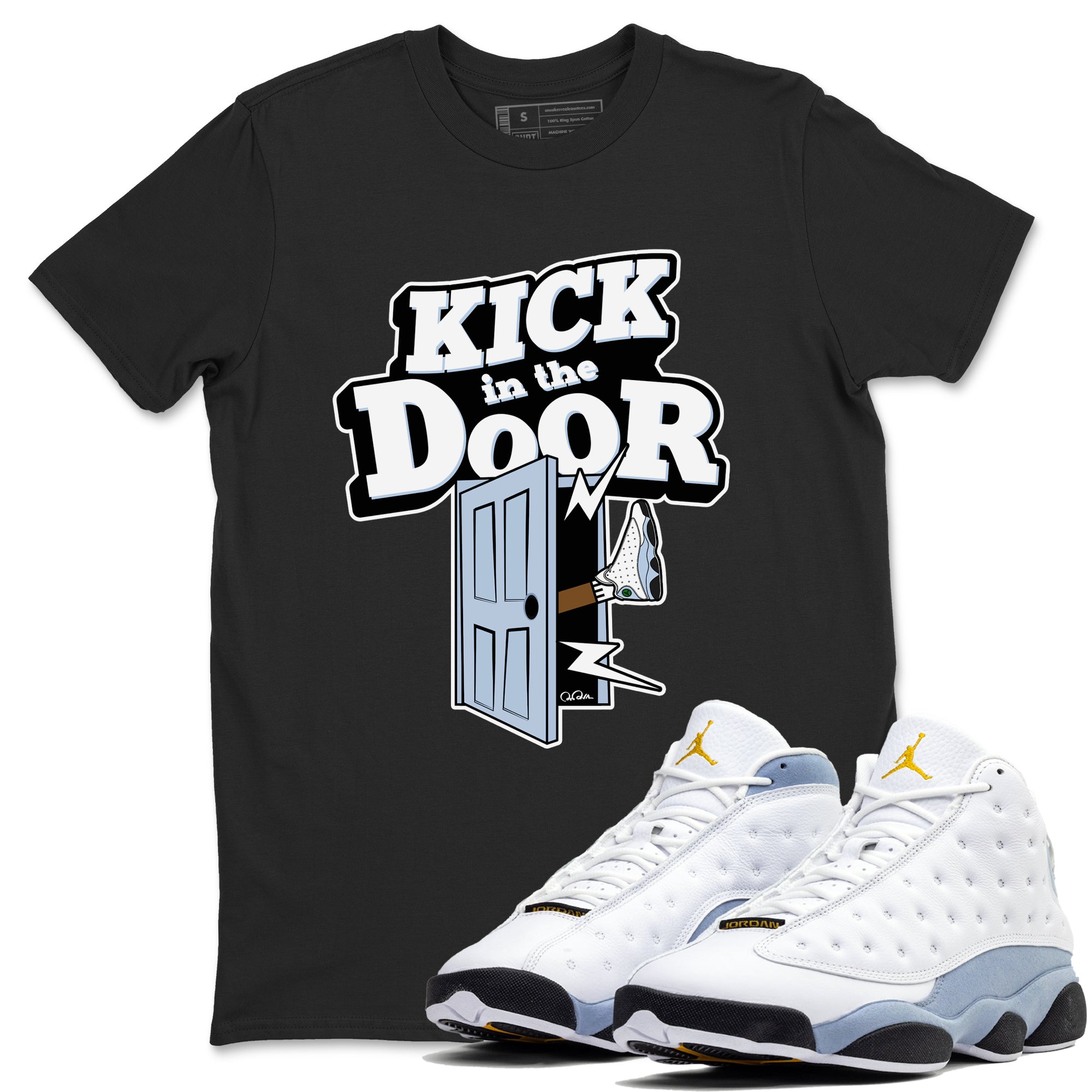 Air Jordan 13 Blue Grey shirt to match jordans Kick In The Door sneaker tees AJ13 Blue Grey SNRT Sneaker Release Tees unisex cotton Black 1 crew neck shirt
