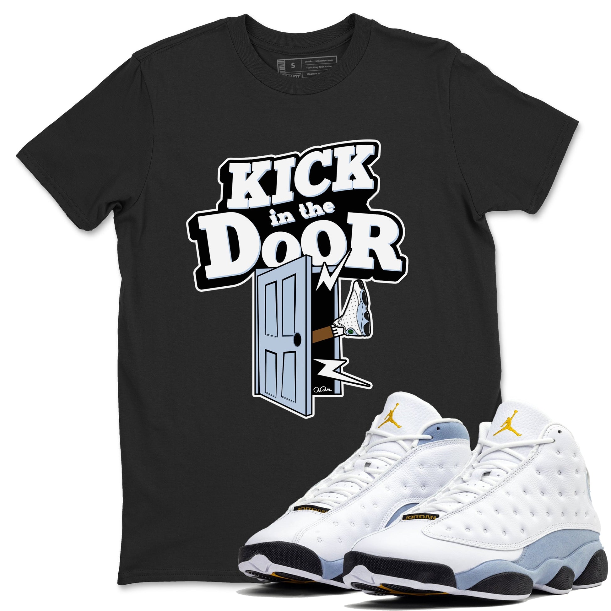 Air Jordan 13 Blue Grey shirt to match jordans Kick In The Door sneaker tees AJ13 Blue Grey SNRT Sneaker Release Tees unisex cotton Black 1 crew neck shirt