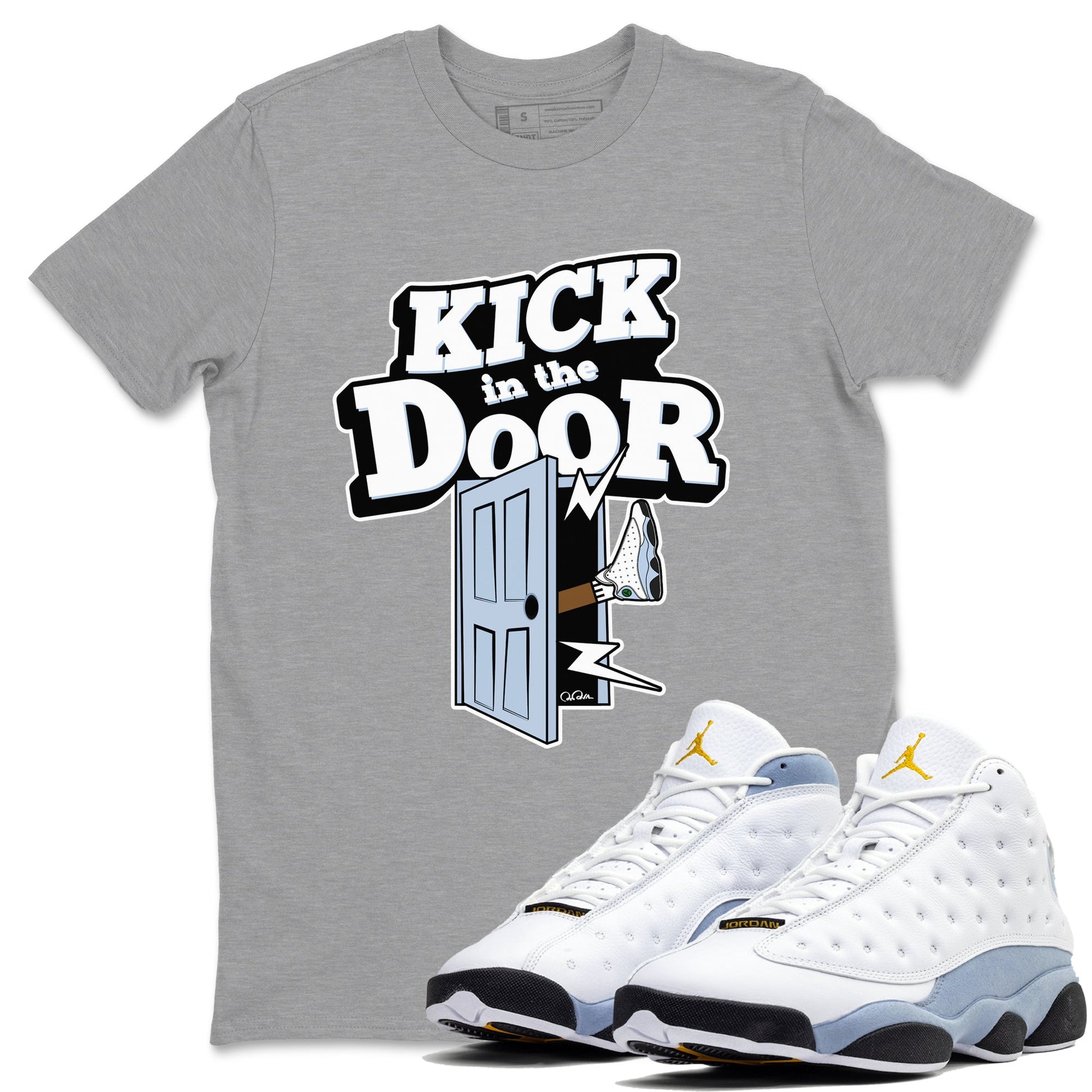 Air Jordan 13 Blue Grey shirt to match jordans Kick In The Door sneaker tees AJ13 Blue Grey SNRT Sneaker Release Tees unisex cotton Heather Grey 1 crew neck shirt
