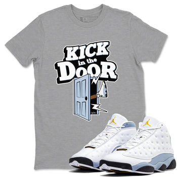 Air Jordan 13 Blue Grey shirt to match jordans Kick In The Door sneaker tees AJ13 Blue Grey SNRT Sneaker Release Tees unisex cotton Heather Grey 1 crew neck shirt