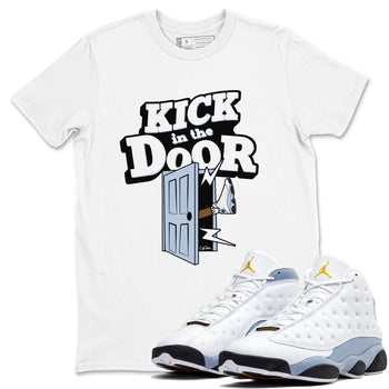 Air Jordan 13 Blue Grey shirt to match jordans Kick In The Door sneaker tees AJ13 Blue Grey SNRT Sneaker Release Tees unisex cotton White 1 crew neck shirt