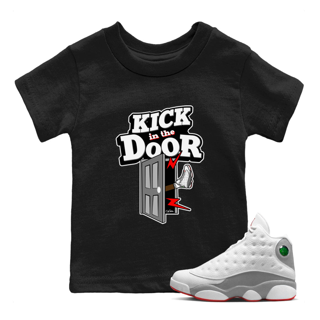 Air Jordan 13 Wolf Grey Sneaker Match Tees Kick In The Door Sneaker Tees AJ13 Wolf Grey Sneaker Release Tees Kids Shirts Black 1