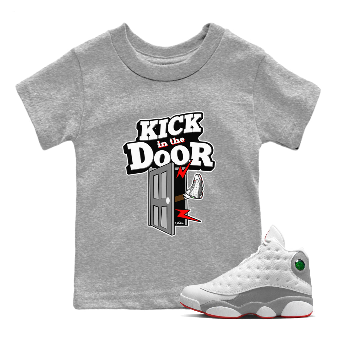 Air Jordan 13 Wolf Grey Sneaker Match Tees Kick In The Door Sneaker Tees AJ13 Wolf Grey Sneaker Release Tees Kids Shirts Heather Grey 1