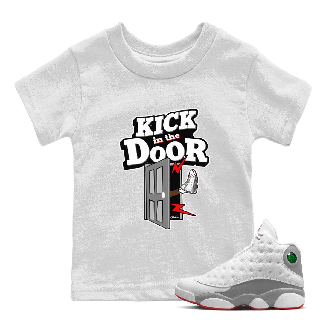 Air Jordan 13 Wolf Grey Sneaker Match Tees Kick In The Door Sneaker Tees AJ13 Wolf Grey Sneaker Release Tees Kids Shirts White 1