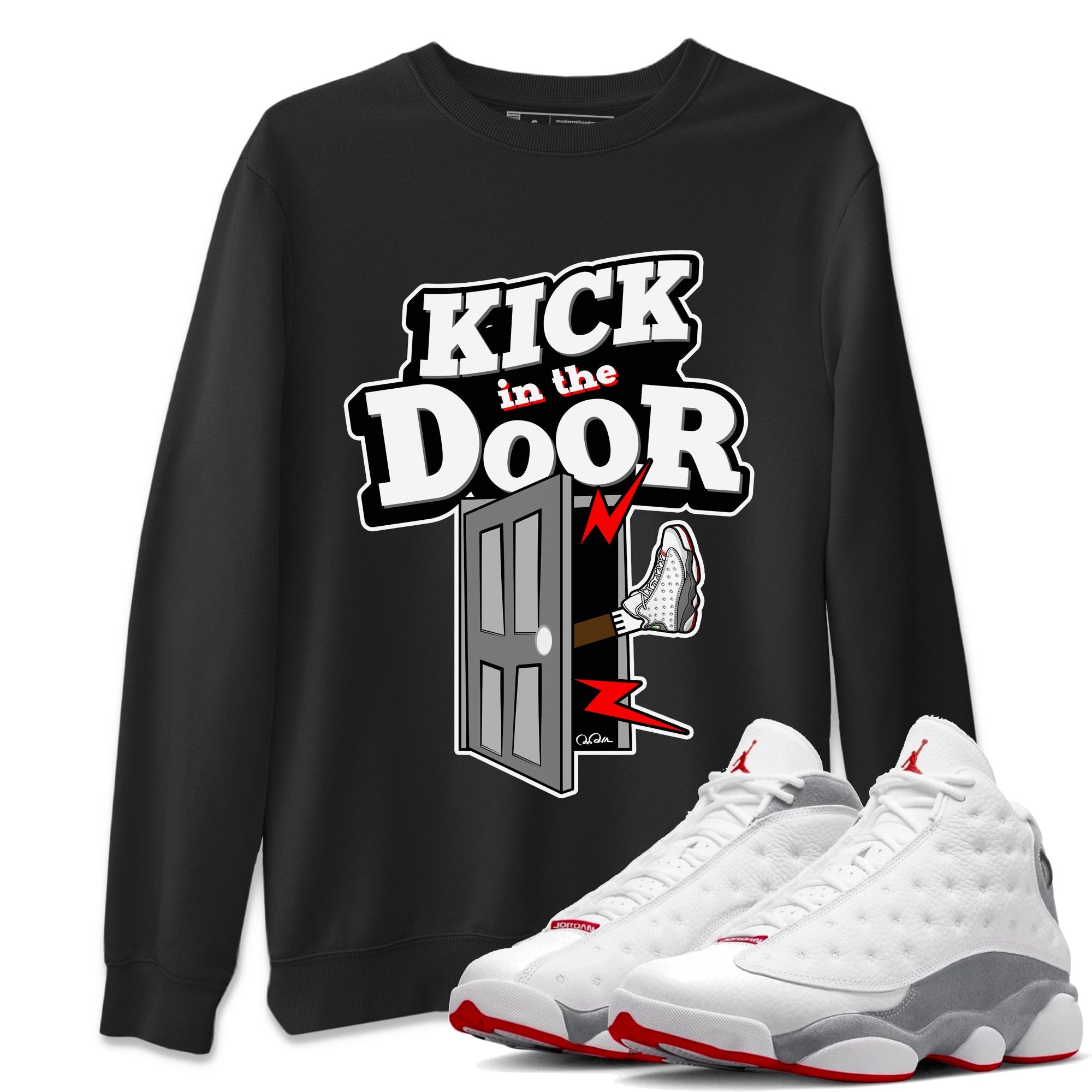 Air Jordan 13 Wolf Grey Sneaker Match Tees Kick In The Door Sneaker Tees AJ13 Wolf Grey Sneaker Release Tees Unisex Shirts Black 1