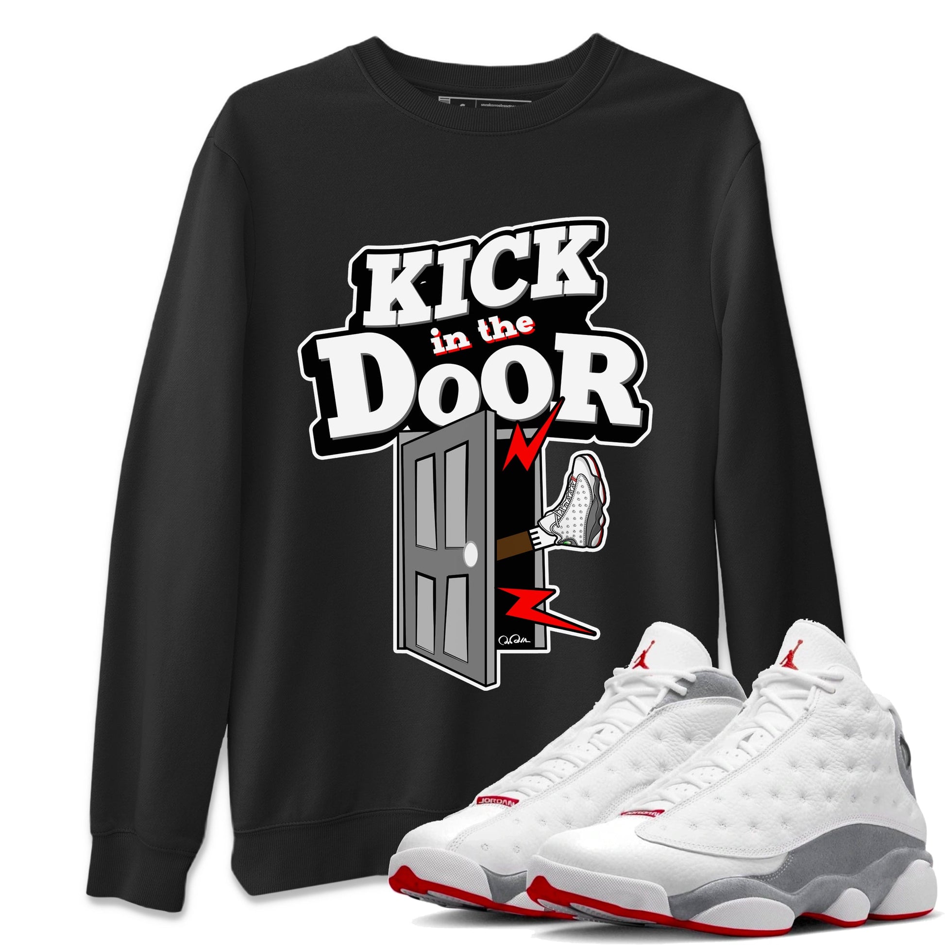 Air Jordan 13 Wolf Grey Sneaker Match Tees Kick In The Door Sneaker Tees AJ13 Wolf Grey Sneaker Release Tees Unisex Shirts Black 1
