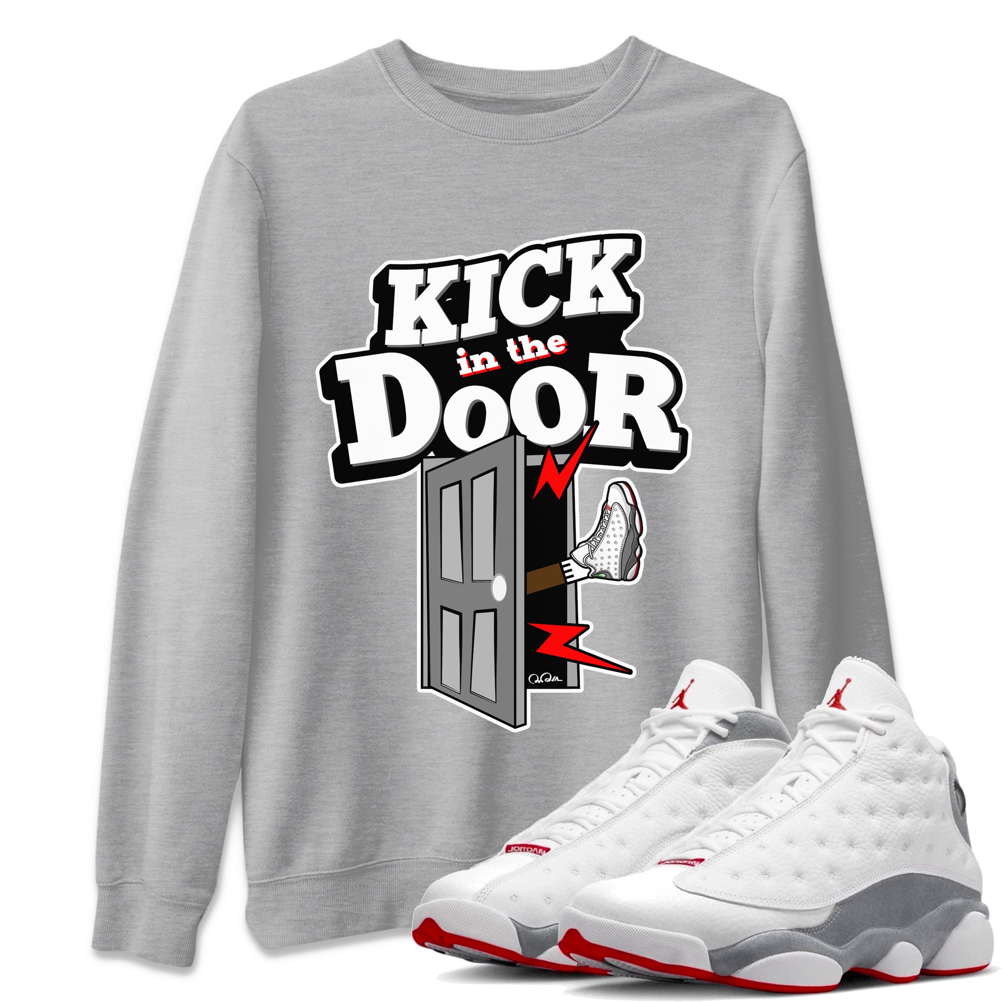 Air Jordan 13 Wolf Grey Sneaker Match Tees Kick In The Door Sneaker Tees AJ13 Wolf Grey Sneaker Release Tees Unisex Shirts Heather Grey 1