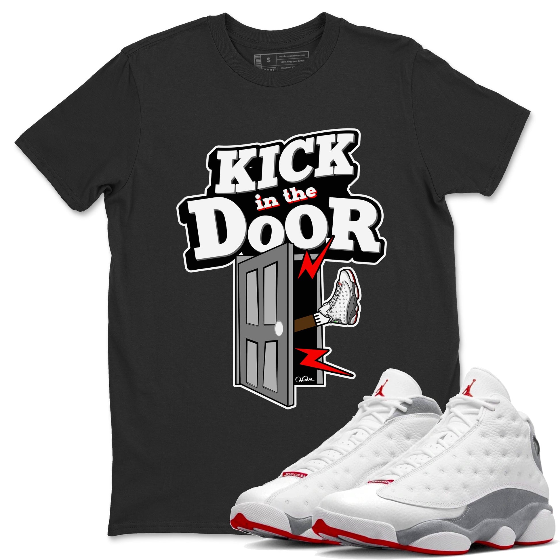 Air Jordan 13 Wolf Grey Sneaker Match Tees Kick In The Door Sneaker Tees AJ13 Wolf Grey Sneaker Release Tees Unisex Shirts Black 1