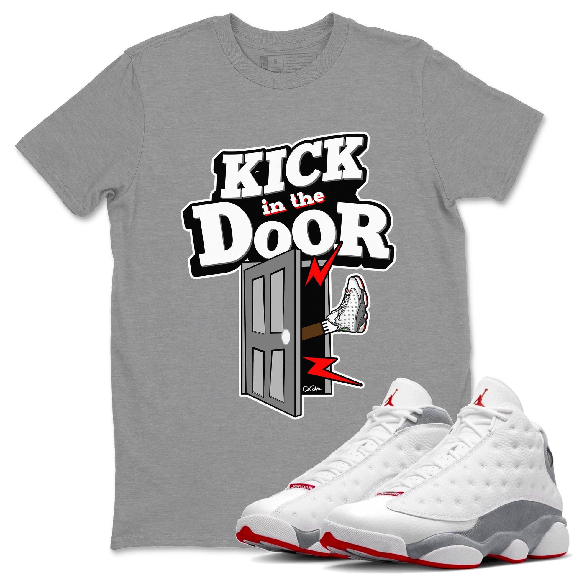 Air Jordan 13 Wolf Grey Sneaker Match Tees Kick In The Door Sneaker Tees AJ13 Wolf Grey Sneaker Release Tees Unisex Shirts Heather Grey 1