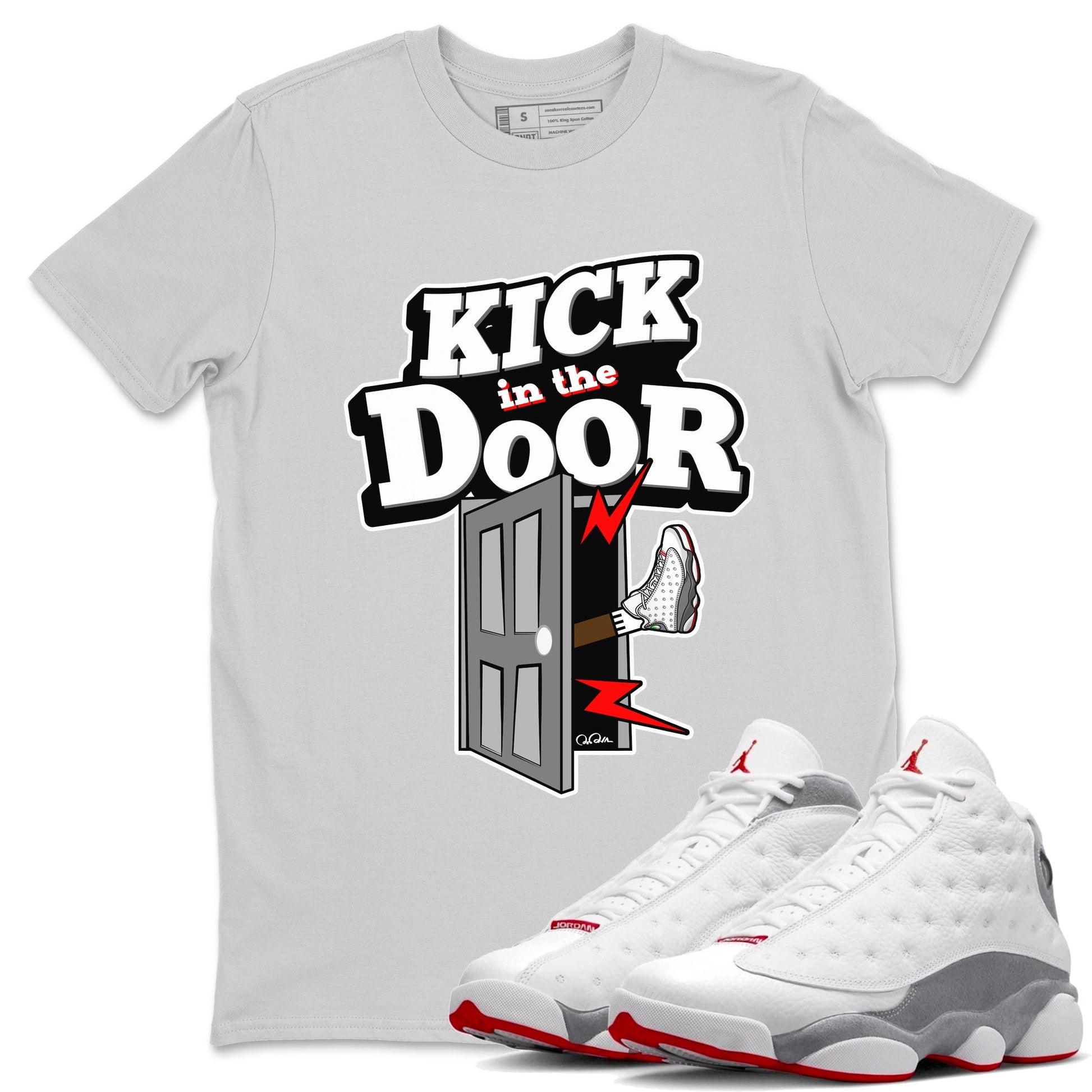 Air Jordan 13 Wolf Grey Sneaker Match Tees Kick In The Door Sneaker Tees AJ13 Wolf Grey Sneaker Release Tees Unisex Shirts Silver 1