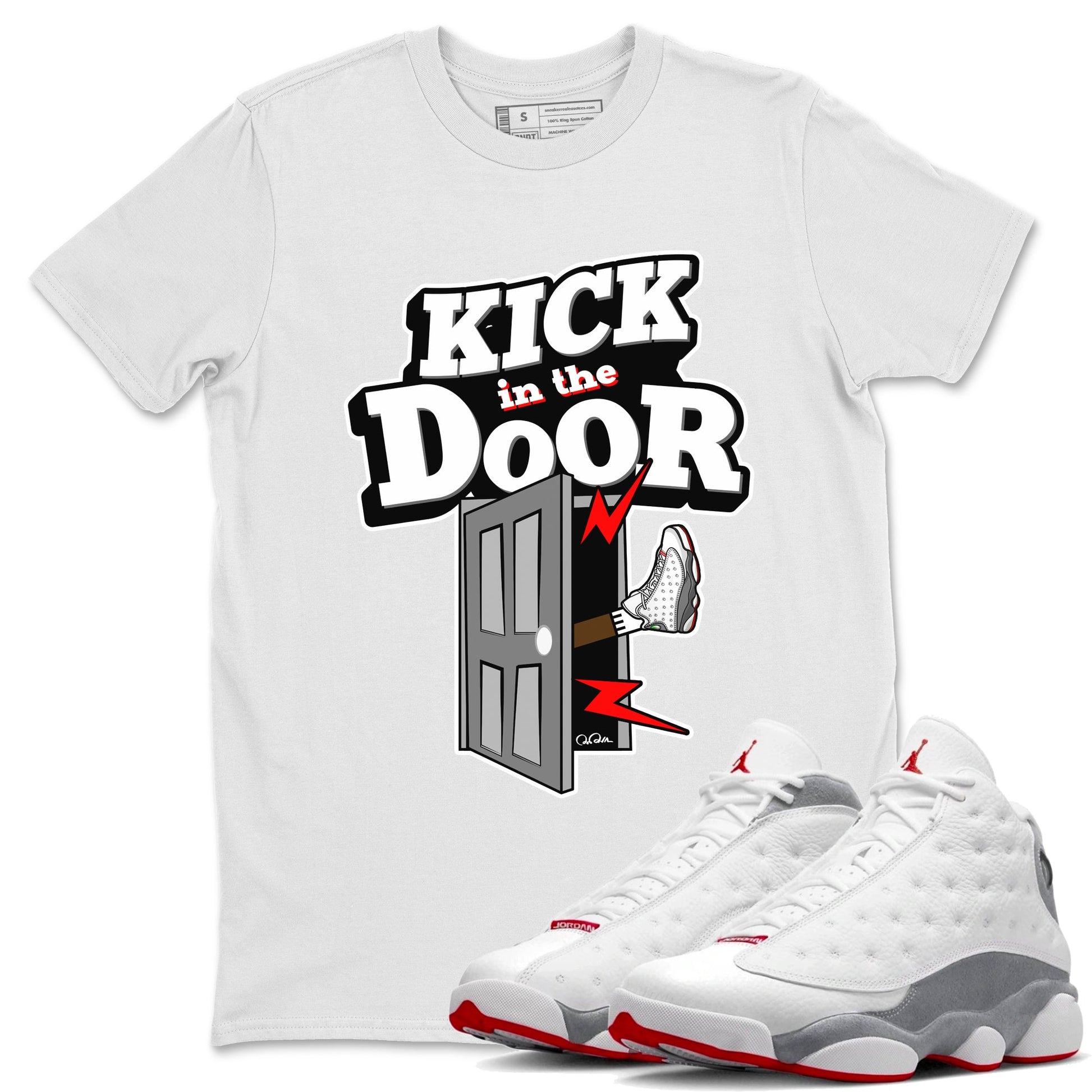 Air Jordan 13 Wolf Grey Sneaker Match Tees Kick In The Door Sneaker Tees AJ13 Wolf Grey Sneaker Release Tees Unisex Shirts White 1